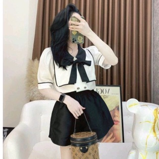Áo sơ mi cổ bẻ thắt nơ viền tay hottrend b303