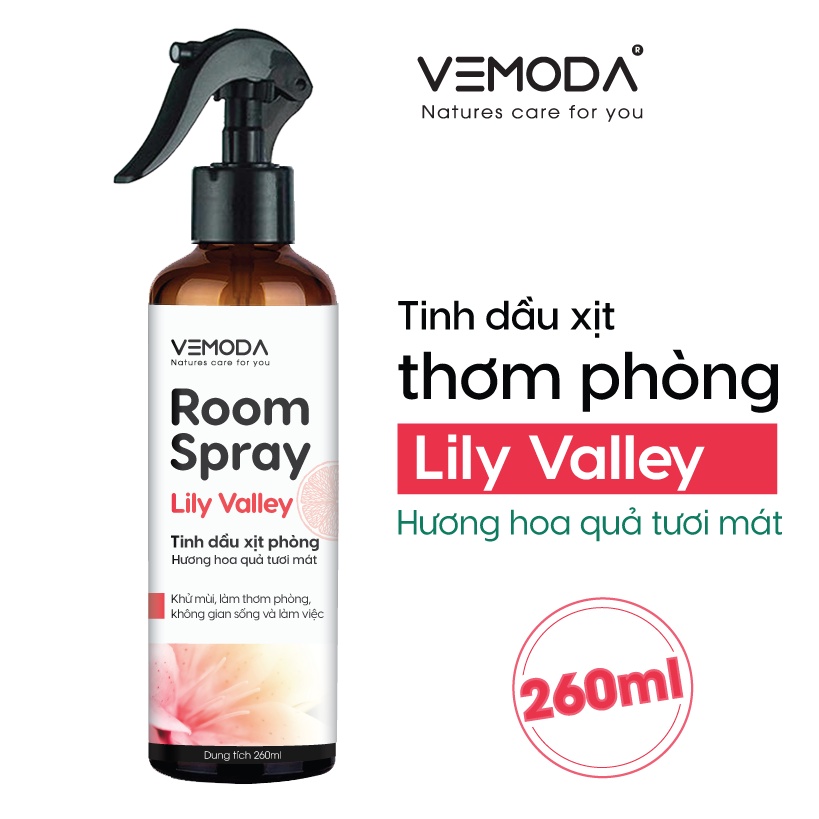 Chai xịt thơm phòng tinh dầu thiên nhiên Lily Valley Vemoda 260ml giúp làm thơm không gian sống nhanh chóng, tiện lợi