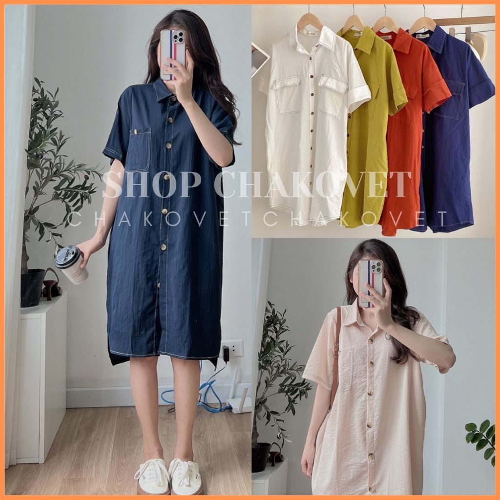 Váy sơ mi nữ dáng ulzzang cộc tay V8292, kiểu đầm dự tiệc đi biển dáng suông trơn cúc gỗ viền chỉ nổi chất đũi - CHAKOVE