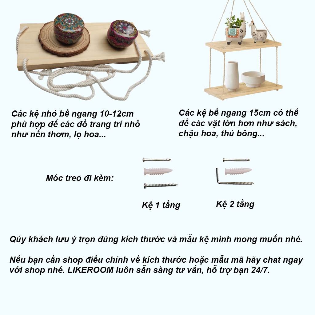 Kệ 1 tầng Treo Tường Dây Thừng Phong Cách Vintage Size 10x30, Gỗ nguyên miếng chắc bền...để đồ lưu niệm, hoa trang trí.