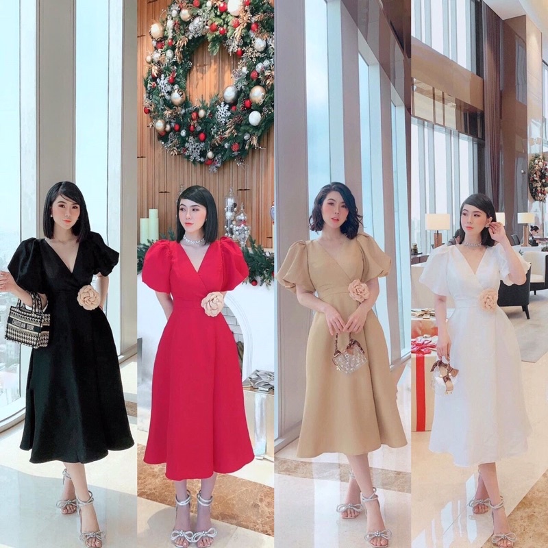Đầm midi đắp chéo ngực tay phồng kèm tag hoa cài chất vải cao cấp sang chảnh