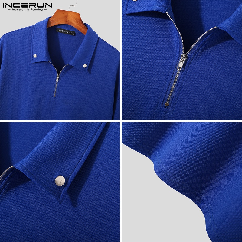 Áo thun polo INCERUN tay ngắn màu trơn dáng rộng phối khóa kéo thời trang cá tính cho nam