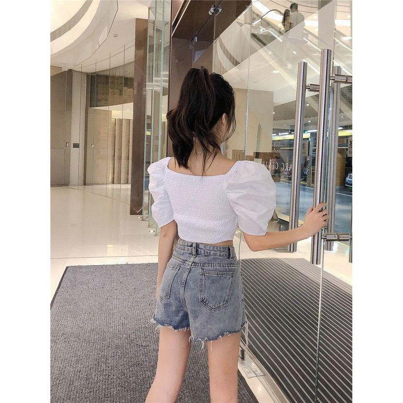 🌷[NishiShoppu2019] 11242B1 Áo kiểu nữ croptop tay phồng ngắn, đăp chéo ngực, vải kate siêu đẹp