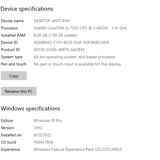 Máy tính đồng bộHP EliteDesk 800 G3 :  i5-7500@3.40GHz /256GB SSD /8GB RAM /Windows 10 Pro
