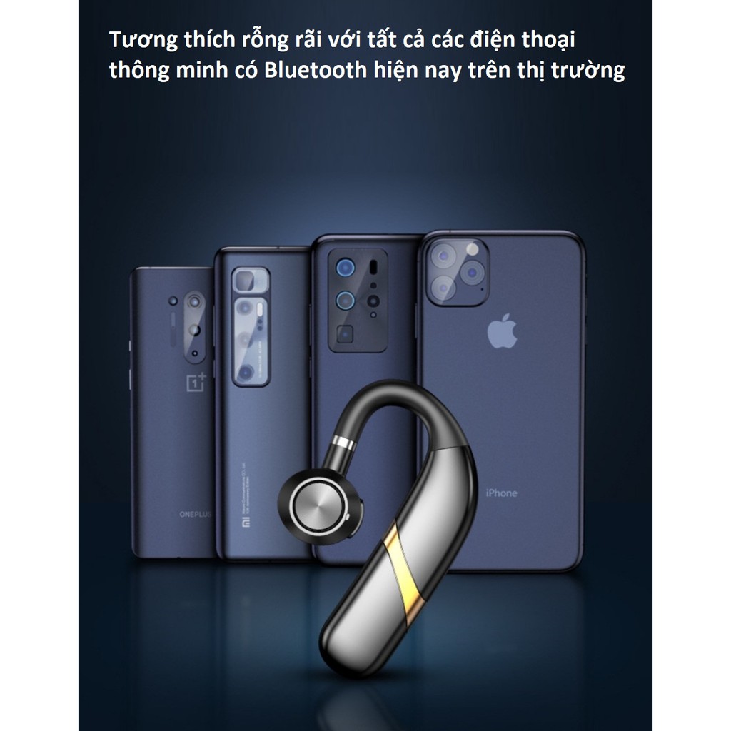 Tai nghe bluetooth 5.0  móc tai xoay 180 độ, kết nối 2 điện thoại, pin 300mAh, nghe nhạc 36 giờ, đàm thoại 48 giờ .