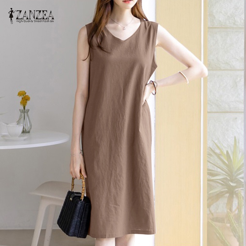 Đầm midi Zanzea không tay cổ chữ V màu trơn phong cách vintage thời trang Hàn Quốc dành cho nữ