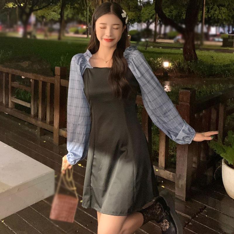 Đầm tay phồng dài phong cách retro Hàn Quốc cho nữ