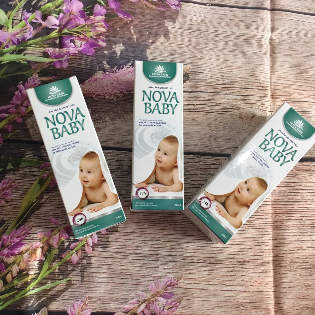 Dầu tắm gội trẻ em dược liệu Nova Baby 250ml( phòng ngừa rôm sảy, thủy đậu, mẩn ngứa, kê sữa...)