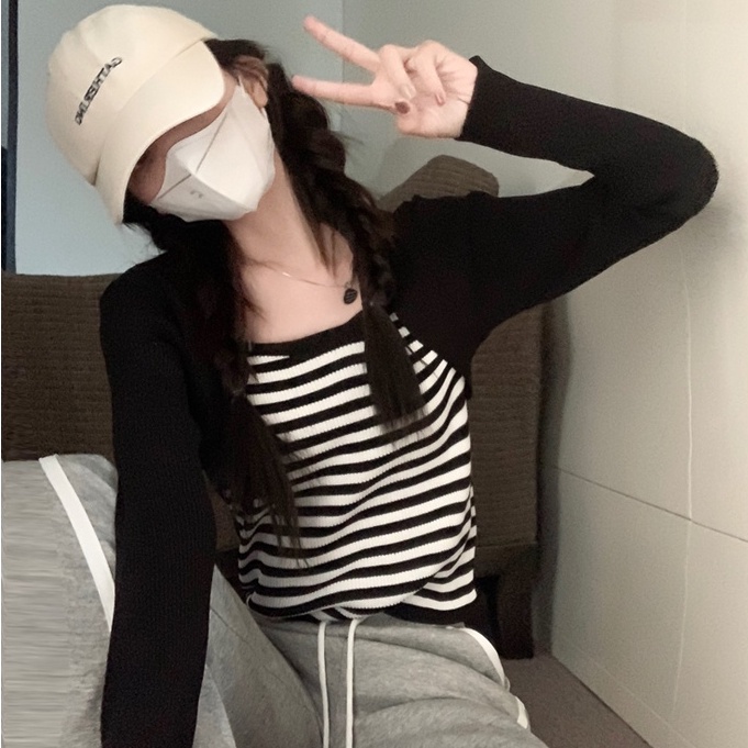 Áo dệt kim ZHELIHANGFEI giả hai lớp tay dài phối họa tiết sọc eo cao gợi cảm dễ phối đồ