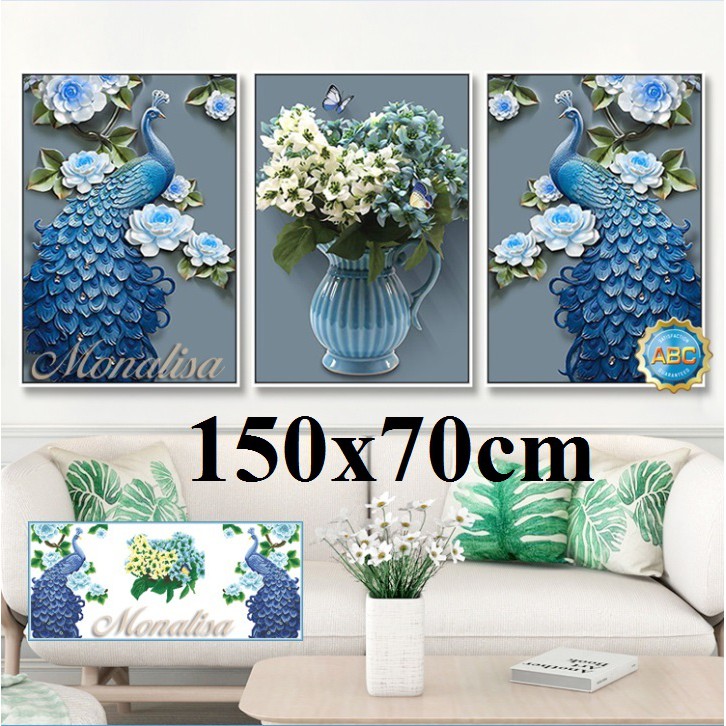 Tranh đính đá thanh lý Khổng tước tình nhân(2) Đôi Công 3 bức(2) Y8186 150X70cm