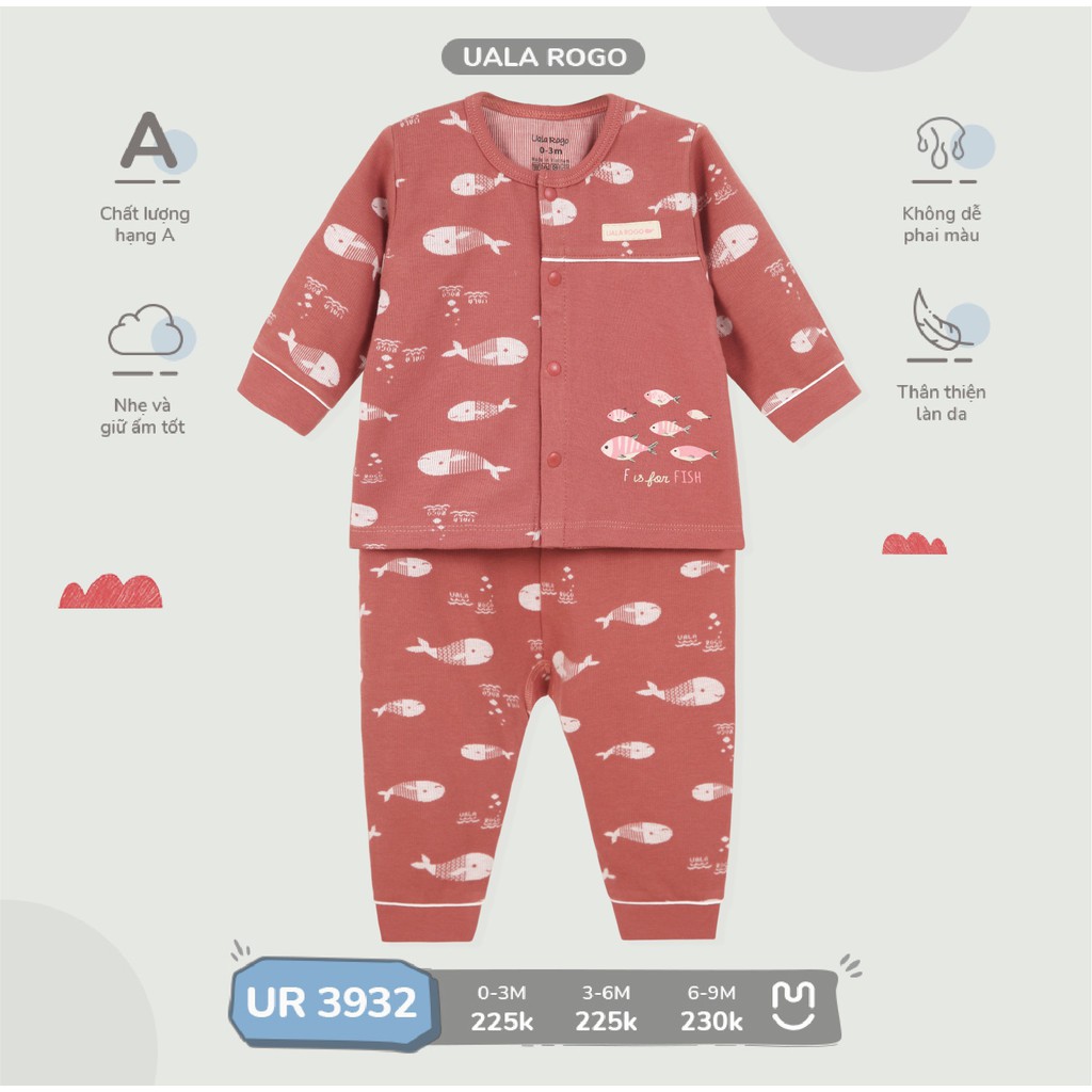 Bộ quần áo sơ sinh Ualarogo 0-9 tháng Cotton nỉ giữ ấm dài tay cúc giữa thấm hút