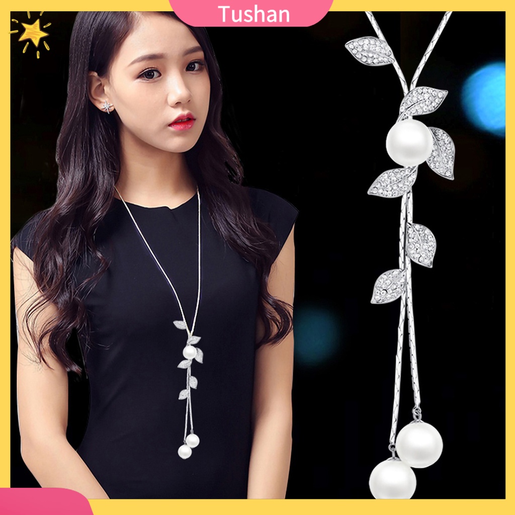 Dây chuyền mặt họa tiết lá phối ngọc trai tua rua dáng dài cho nữ