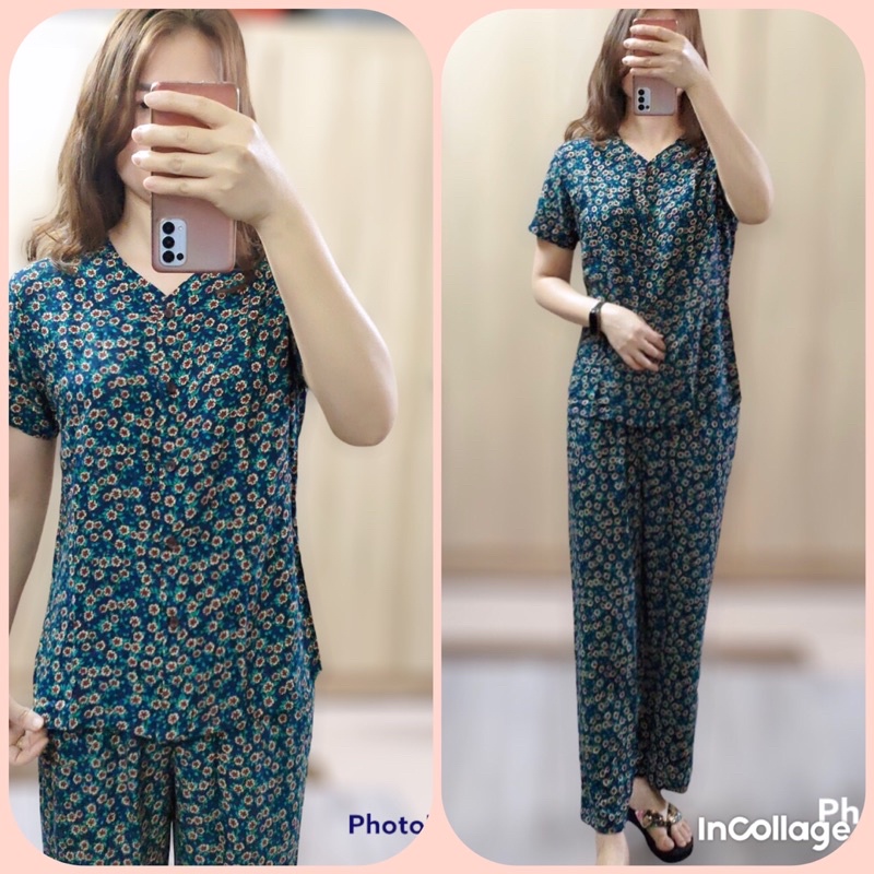 Bộ lanh trung niên quần dài áo cộc cổ tim cài khuy chất lanh nhung VT