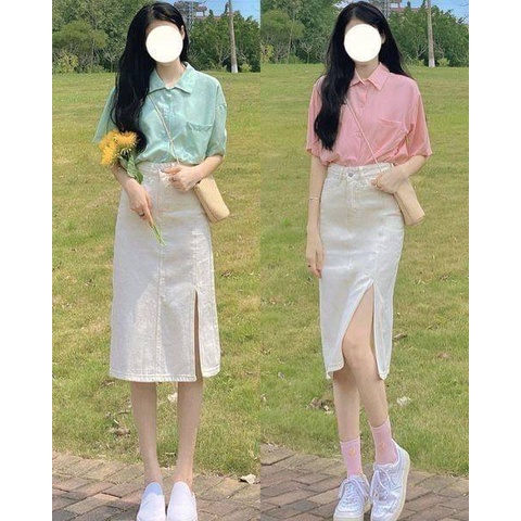 Set váy dài kaki xẻ tà chất dày và áo dệt kim ngắn tay form rộng có size đến 70kg thời trang Hàn Quốc