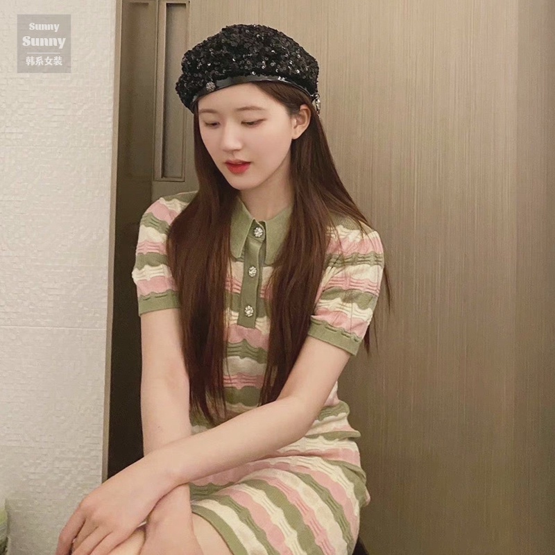 Đầm dệt kim ZHELIHANGFEI kẻ sọc cổ polo dáng ôm phong cách gợi cảm cho nữ