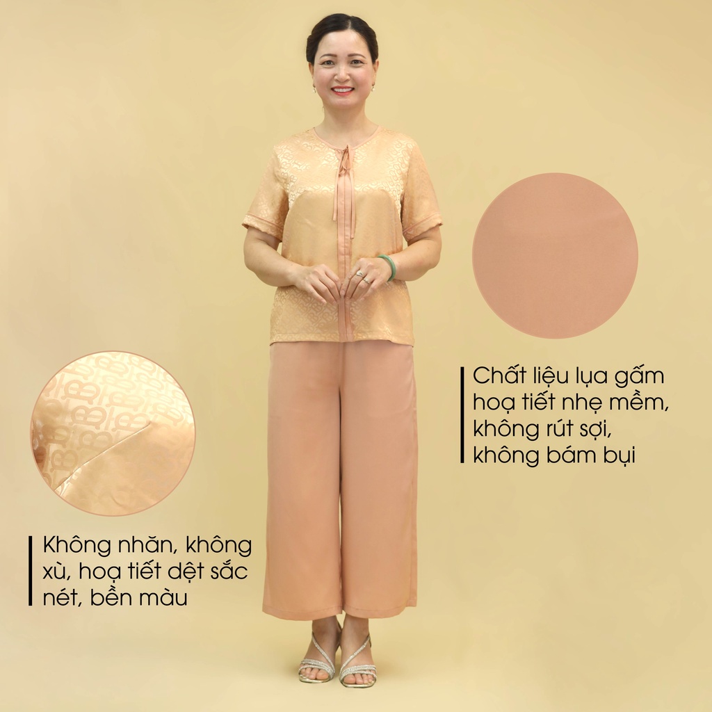 Đồ Bộ Trung Niên Nữ Lụa Họa Tiết Cao Cấp ANCHI B30 Be Vàng, Set Đồ Mặc Nhà Quà Tặng Cho Mẹ