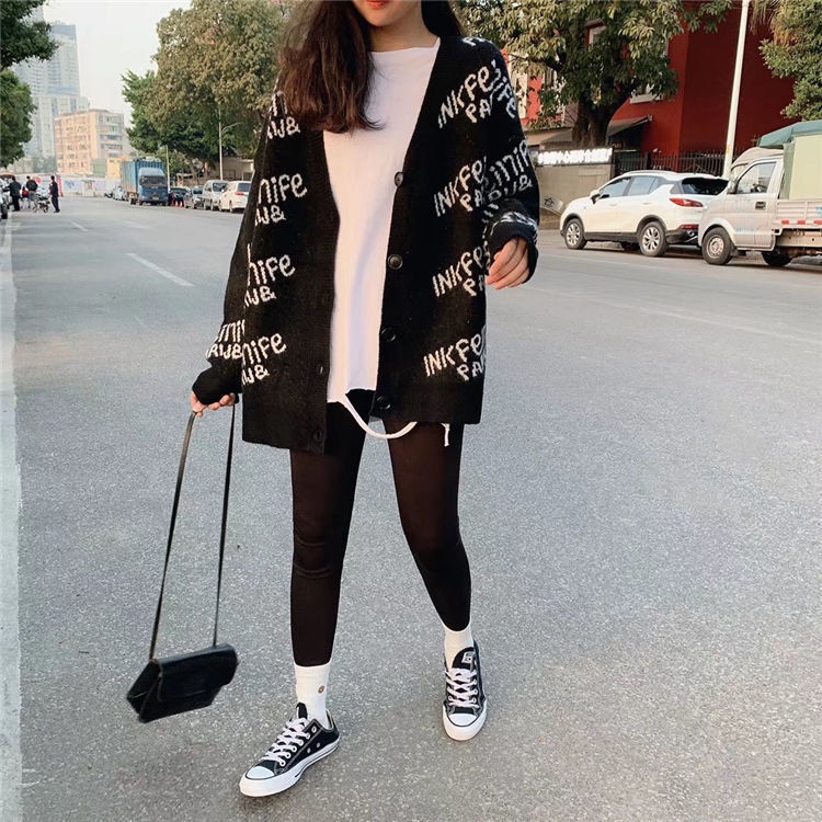 Áo khoác len cardigan tay dài in chữ thời trang Hàn Quốc