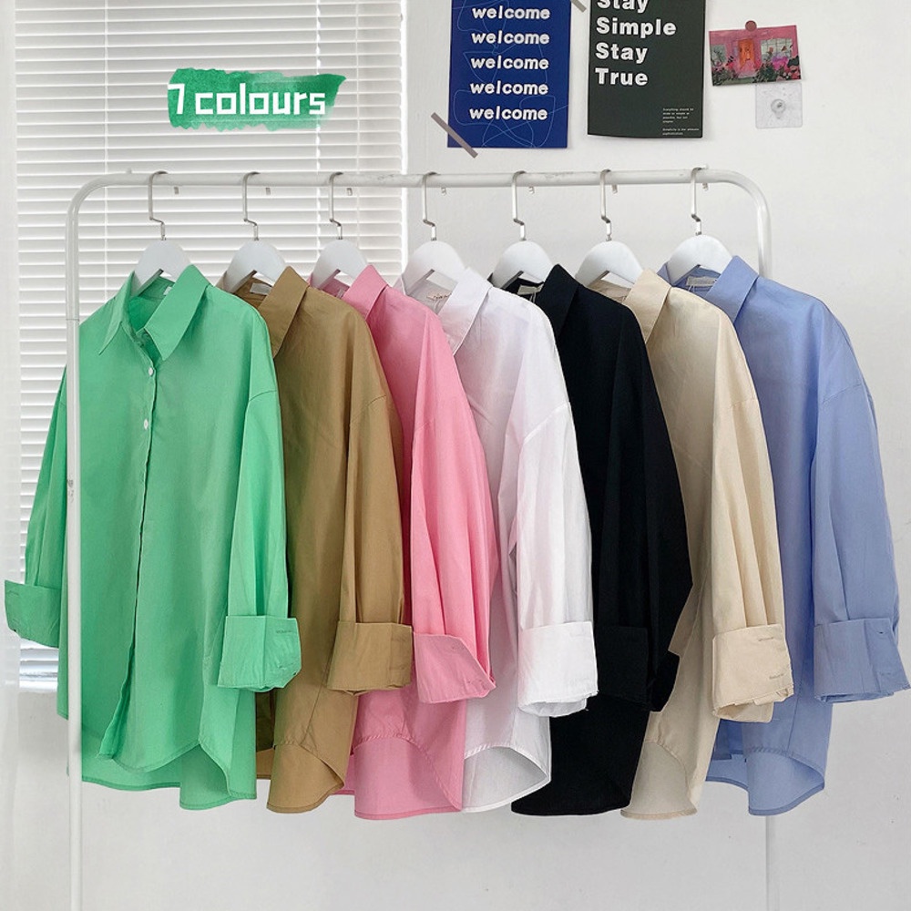 Áo Sơ Mi Tay Dài Dáng Rộng Màu Trơn Kiểu Nhật Hàn Thời Trang Xuân Thu Cho Nữ
