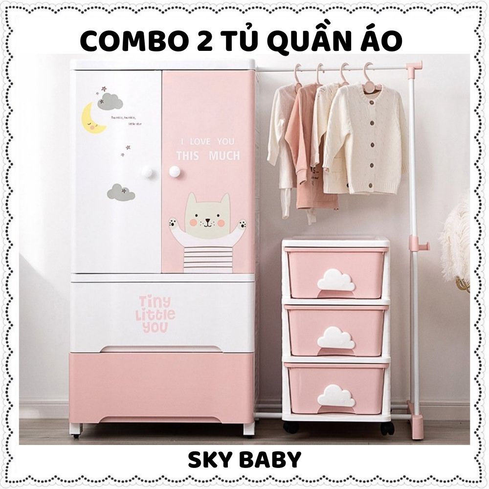 COMBO 2 TỦ QUẦN ÁO  cho trẻ sơ sinh Zozon, đựng đồ dùng cho bé 3,4,5 ngăn có cánh bánh xe,thanh treo