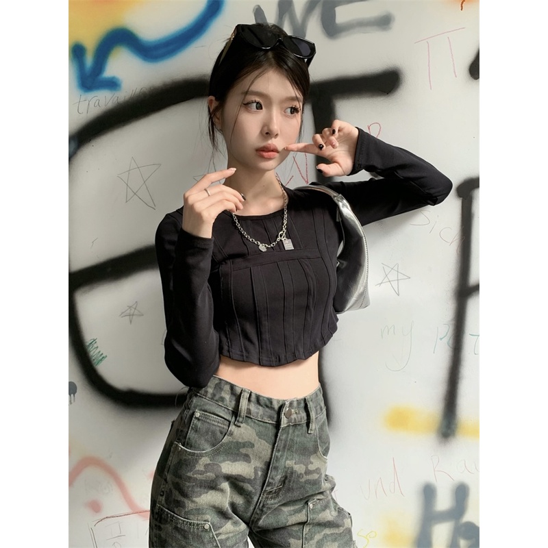 Áo Croptop Tay Dài Hoạ Tiết Hình Xương Cá Thiết Kế Độc Đáo