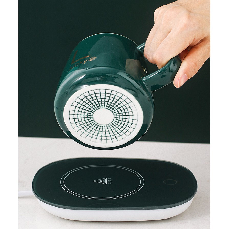 Bộ Cốc Và Đế Hâm Nóng Đồ Uống Thông Minh - Đế hâm nóng đồ uống tặng kèm cốc và thìa vàng sang trọng
