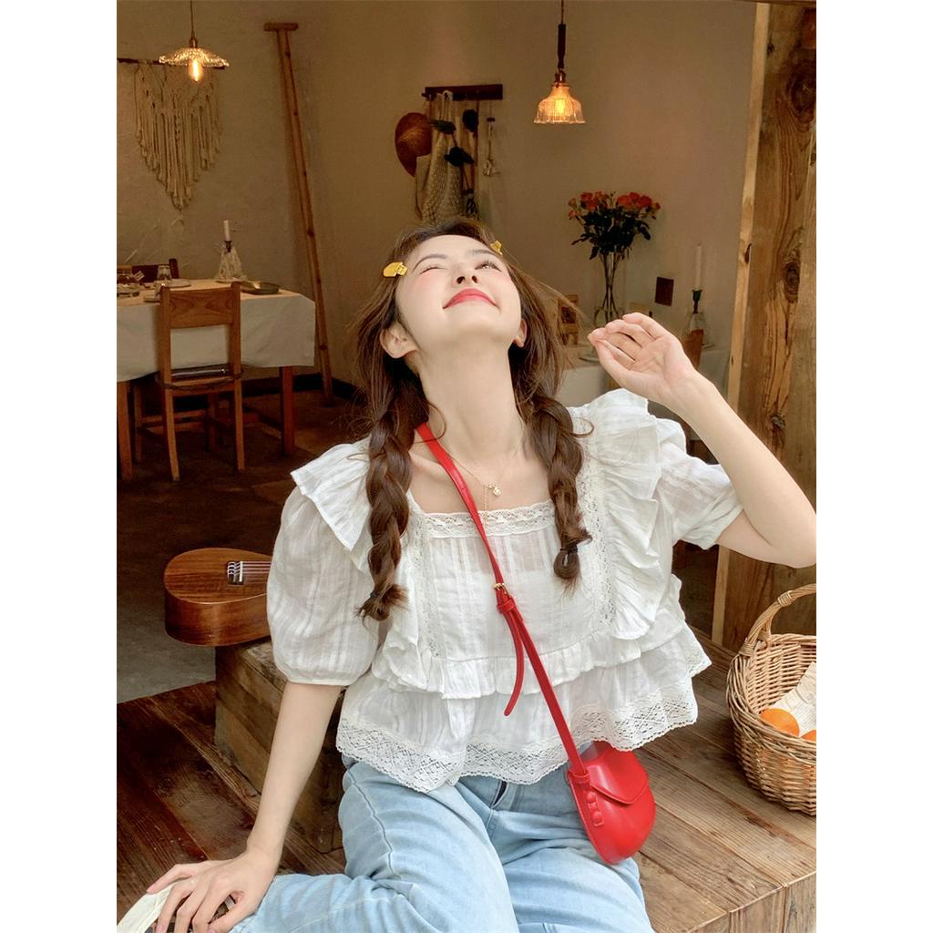 Áo Kiểu Cổ Vuông Tay Ngắn Phối Ren Phong Cách Mới 63225