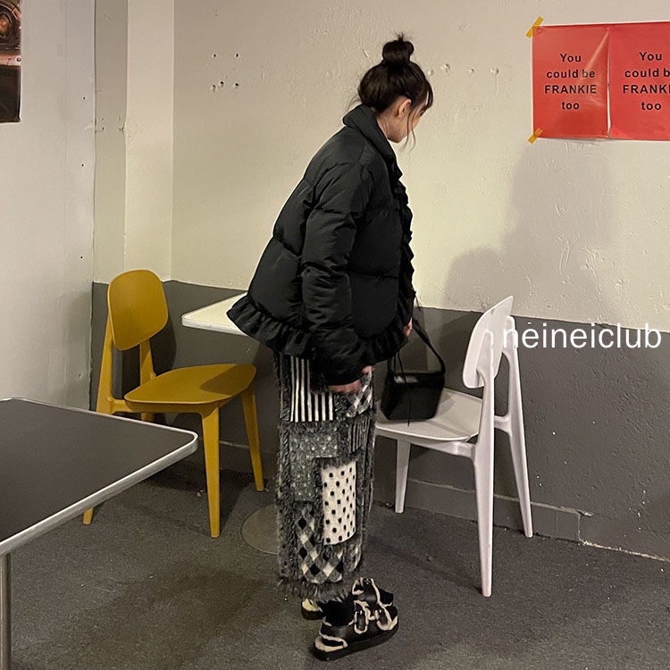 Neinei Chân Váy Len Dáng Chữ a Lưng Cao Họa Tiết Sọc Caro Xẻ Tà Thời Trang Mùa Thu