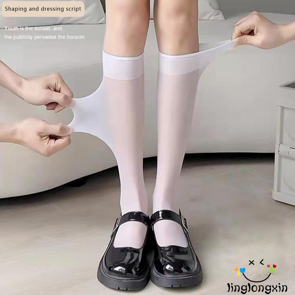 Vớ Dài Tới Bắp Đùi Mỏng Co Giãn Màu Trơn Thời Trang Linglongxi2 Dành Cho Bạn Nữ