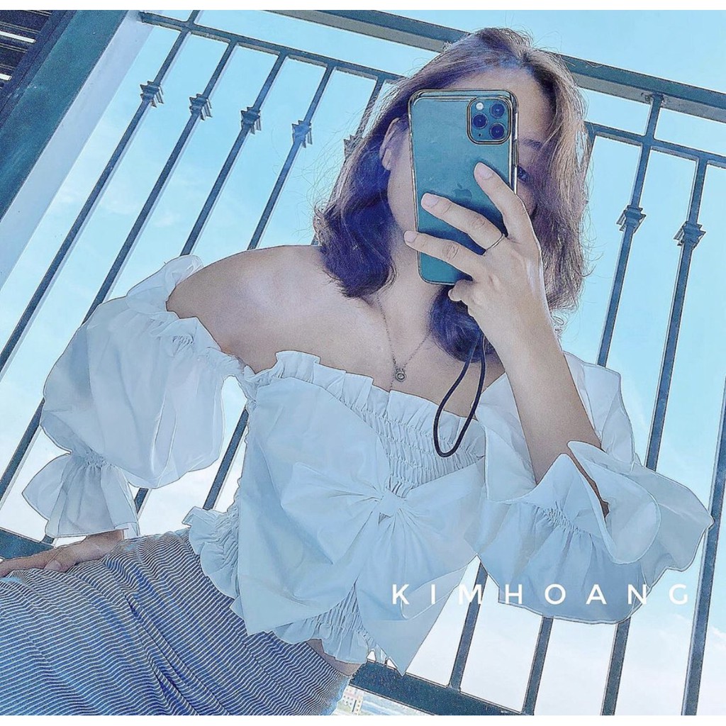 Áo kiểu trễ vai nhúm phối nơ to trước ngực cực xinh , chất kate mềm mịn