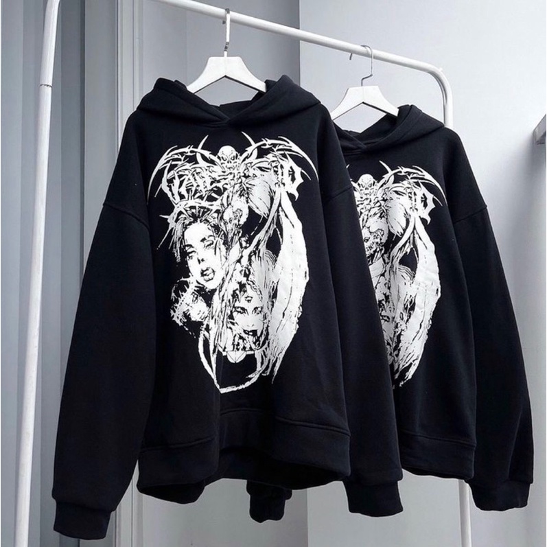 Áo hoodie form rộng mũ hai lớp - Đầu lâu rồng
