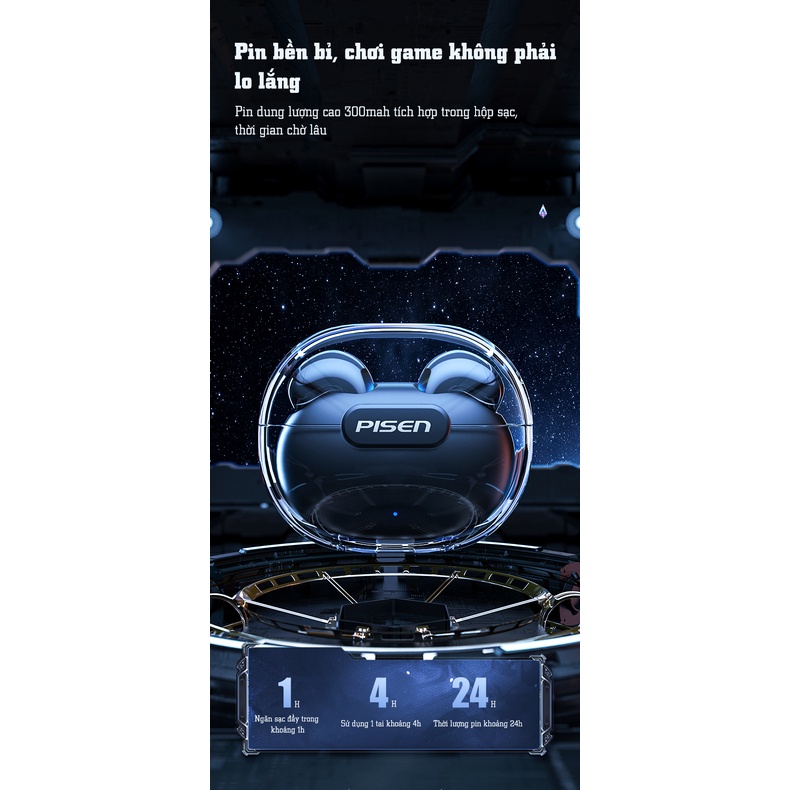 Tai nghe không dây PISEN A-buds3 Pro Gaming Esport, model: LV12AB, màu trắng - Hàng chính hãng, bảo hành 18 tháng