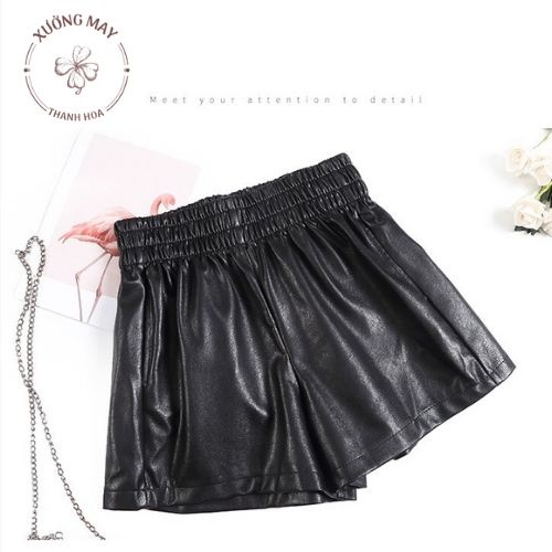 Quần short da cạp chun dáng xòe quần đùi trơn nữ phồng cao cấp 2 màu đen. cafe