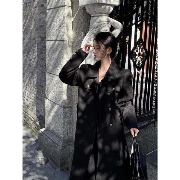 Áo khoác mangto dạ dáng dài YIMI màu đen thời trang