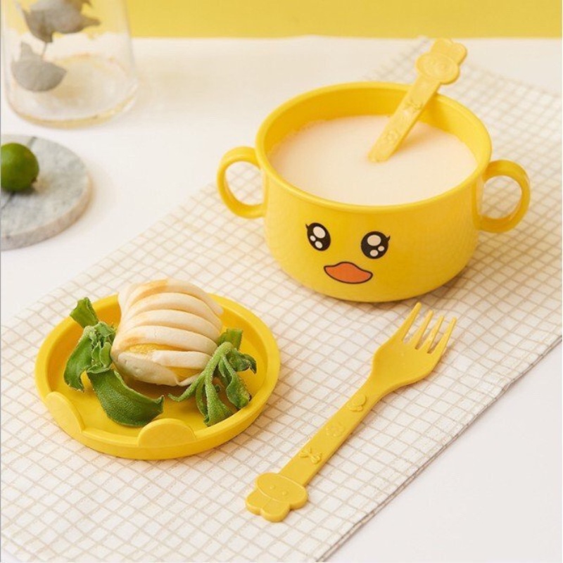 Bộ bát ăn 5 món khay bát cốc thìa dĩa hình vịt vàng siêu xinh cho bé JJIMADO PVN17352