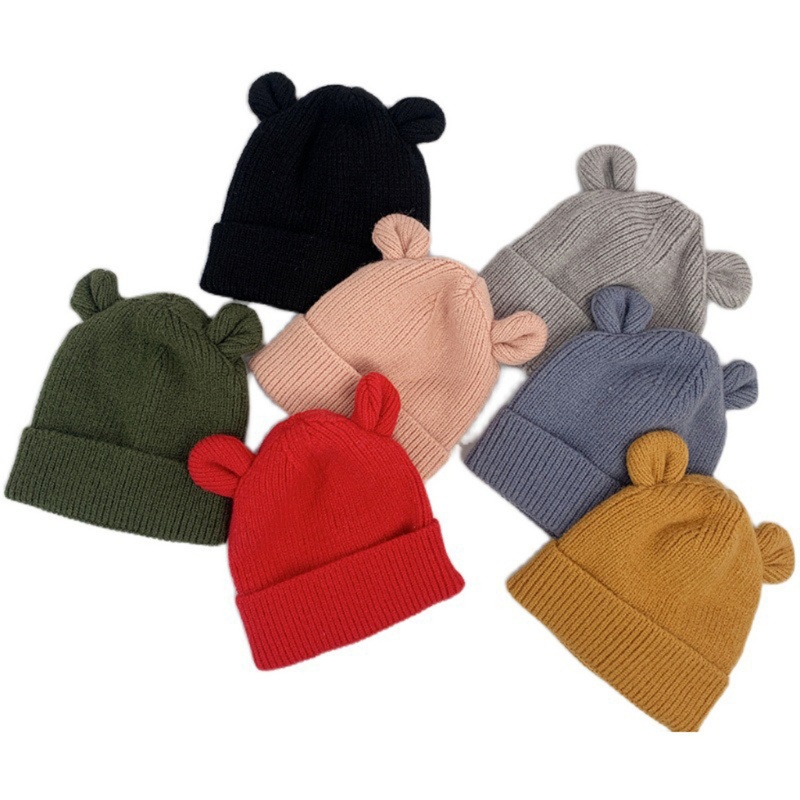 Mũ beanie dệt kim đính tai gấu dễ thương thời trang thu đông cho bé