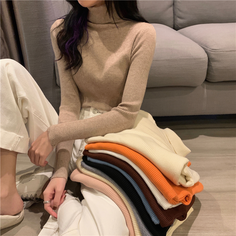 Áo Dệt Kim Tay Dài Cổ Cao Màu Trơn Kiểu Hàn Quốc Dễ Phối Đồ Dành Cho Nữ