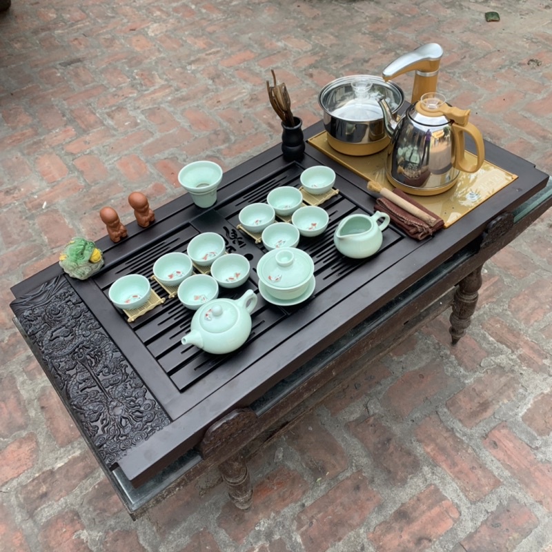 Bàn Trà Điện Gỗ Mun Ấm chén in hình cá