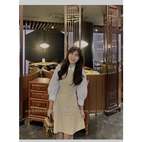[Mã FAMARAL1 giảm 10K đơn 50K] (Ảnh thật) Váy thô cổ sơ mi chiết eo phối tay phồng trắng the.sweaterweather TSW