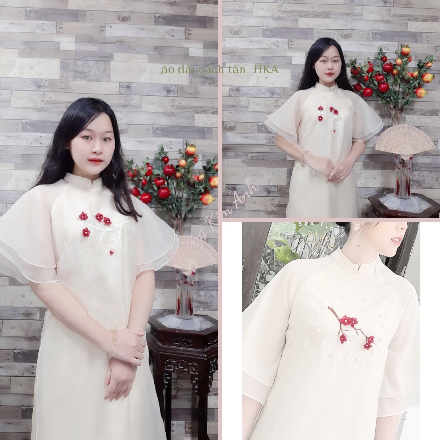 ÁO DÀI CÁCH TÂN NỮ THIẾT KẾ KẾT HOA 4 TÀ TRẺ TRUNG MÀU TRẮNG MẶC TẾT ĐI ĐÁM CƯỚI LỄ HỘI - ADCT4TMM-Trắng