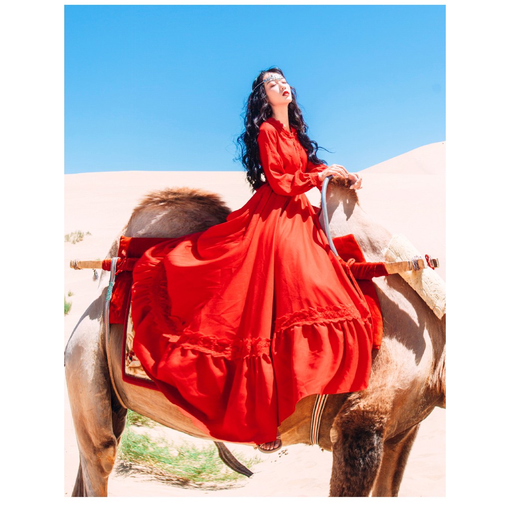 Đầm Đỏ Boho Maxi có nón - MUOJ - Phong Cách Bohemain - Hàng Cao Cấp -