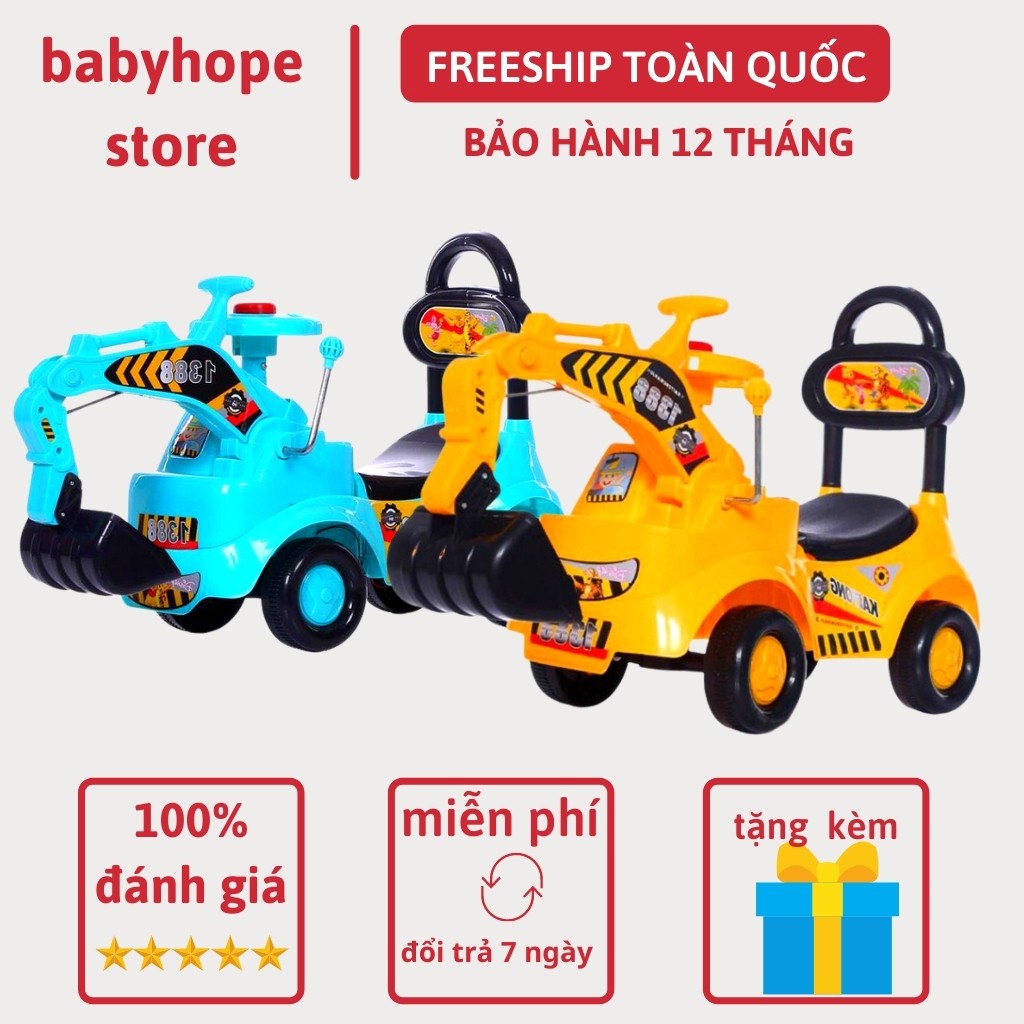 Xe cẩu loại lớn chòi chân cho bé có nhạc, còi, đèn cần cẩu tự xúc cho bé trai