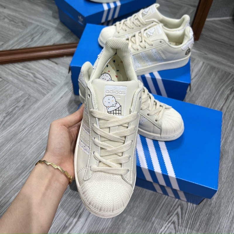 Giày thể thao nam nữ CT adidas Superstar kem mũi sò candy, giày das 3 sọc trắng kem S cấp full hộp
