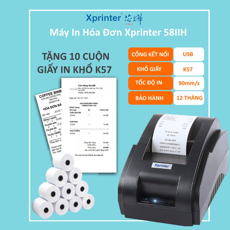 Máy In Hóa Đơn Xprinter 58IIH (chỉ in từ máy tính) Khổ Giấy K58 Free 10 Cuộn Giấy In K58 - MẪU GIAO NGẪU NHIÊN