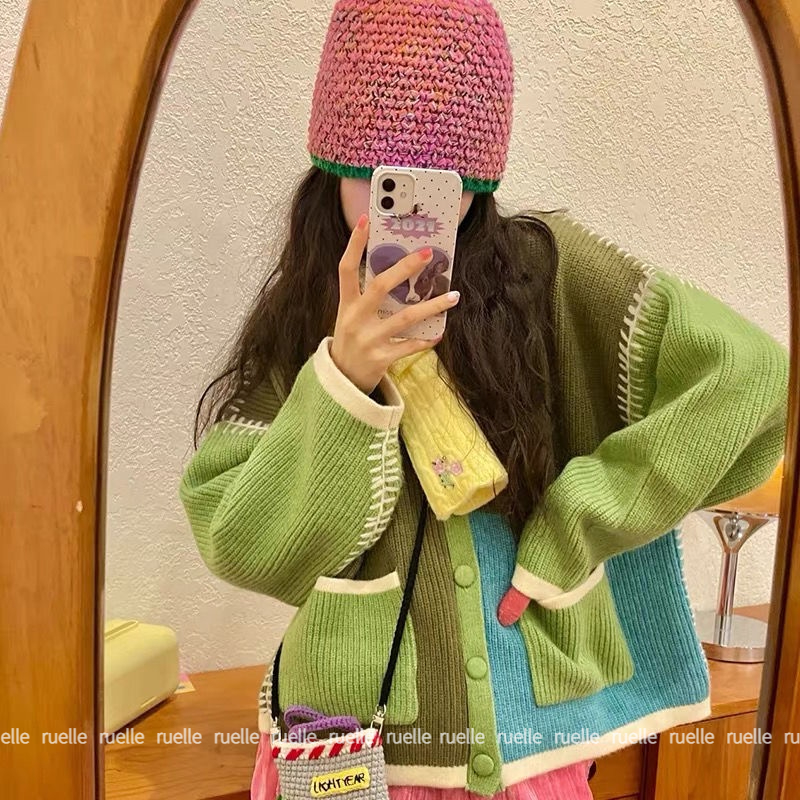 Áo Khoác Cardigan Dáng Rộng Màu Sắc Tương Phản Phong Cách Hàn Quốc