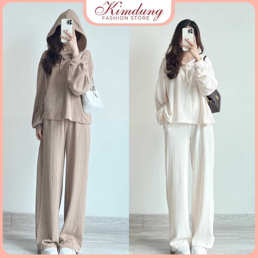 Set Bộ Thu Đông Len Vân Lá Dài Tay Form Rộng Quần Ống Xuông Sang Chảnh - Kim Dung Fashion Store
