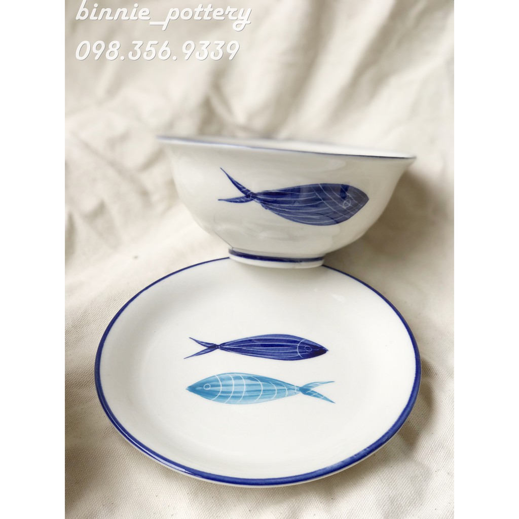 Bộ bát đĩa sứ Bát Tràng hoạ tiết cá Nhật Bản - Set 15 món dùng cho gia đình, quà cưới, tân gia
