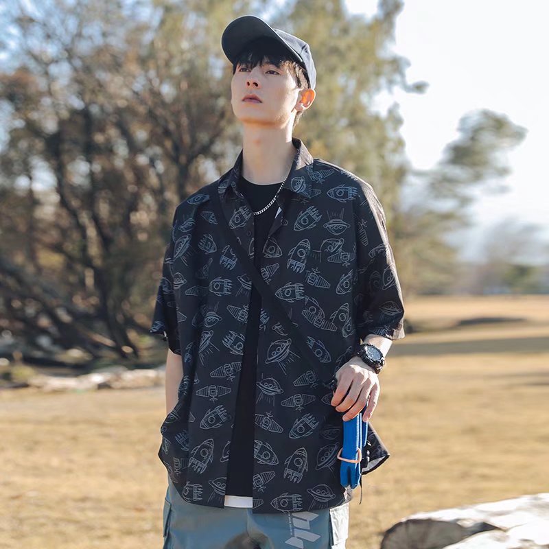 áo sơ mi nam unisex áo sơ mi cộc tay nam lụa trẻ tuổi áo form rộng tiếng Nhật áo đôi nam nữ thời trang retro áo khoác sơ mi nam