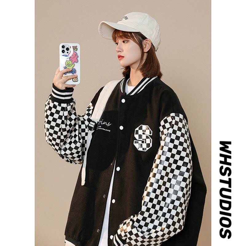 Áo Khoác Bomber Unisex Logo In Chữ S Phối Tay Caro Vải Dù 2 Lớp Phong Cách Ulzzang Học Sinh Cá Tính Hot Trend Mới