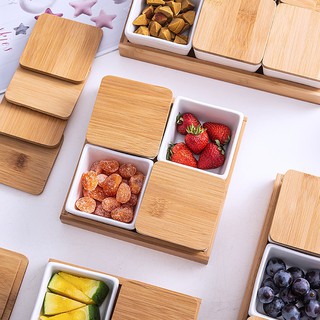 Khay đựng bánh kẹo, các loại hạt ngày tết, Set sứ trắng nắp gỗ đựng bánh kẹo, Bộ quà tặng hộp và khay gỗ đựng bánh kẹo