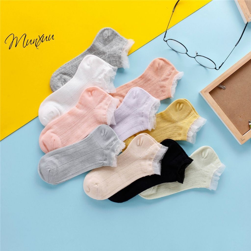 Tất nữ cổ ngắn phối viền bèo tiểu thư chất Cotton co dãn - MUNXUU T06